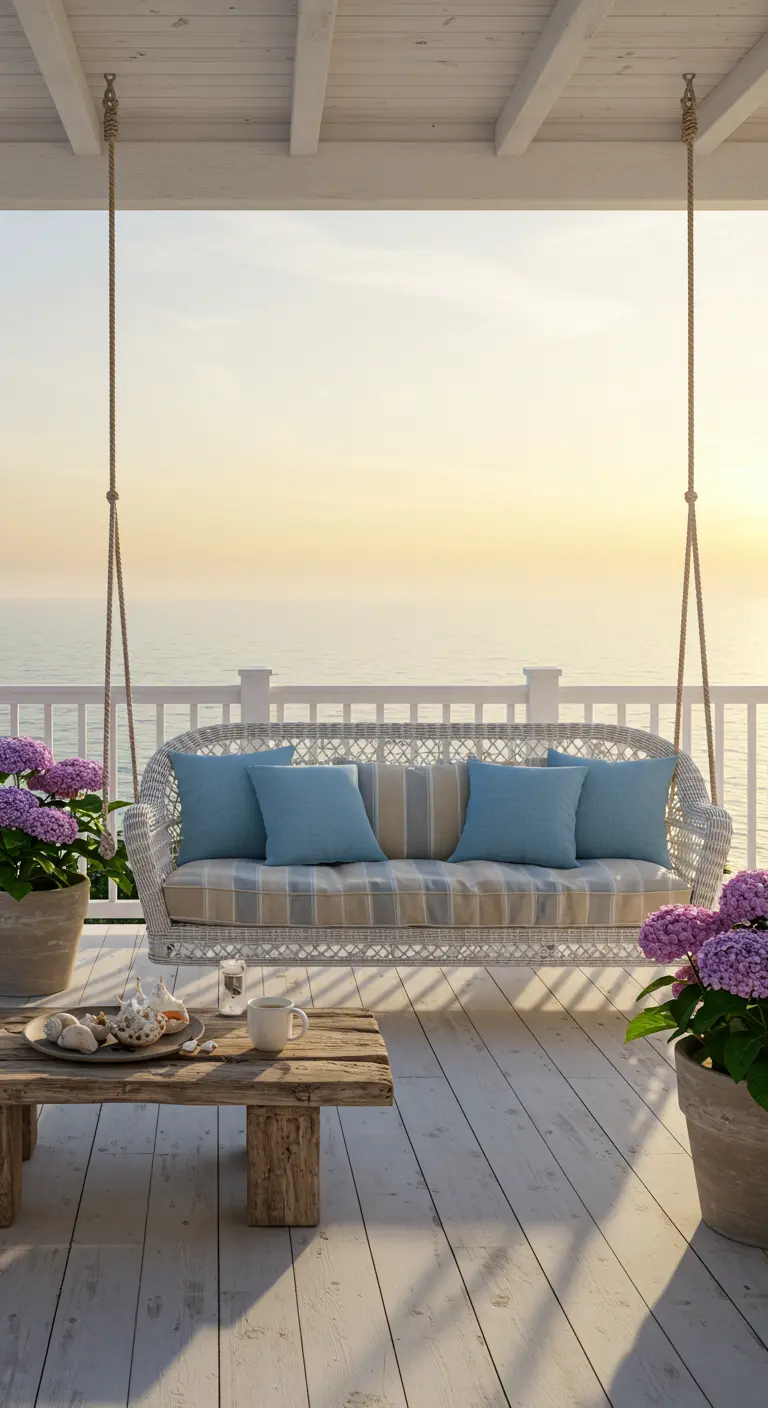 Witte rieten schommelbank met blauwe kussens op veranda met zeezicht bij zonsopgang.