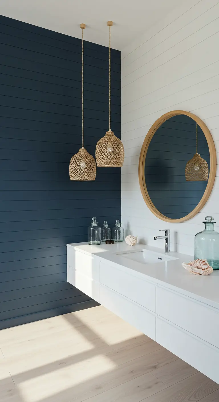 Badkamer met nachtblauwe houten lattenwand, wit zwevend meubel en rotan hanglampen.