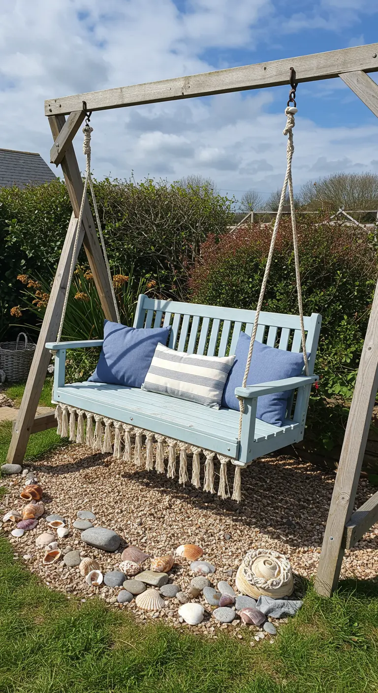 Lichtblauwe houten schommelbank met macramé franjes en schelpen op de grond.