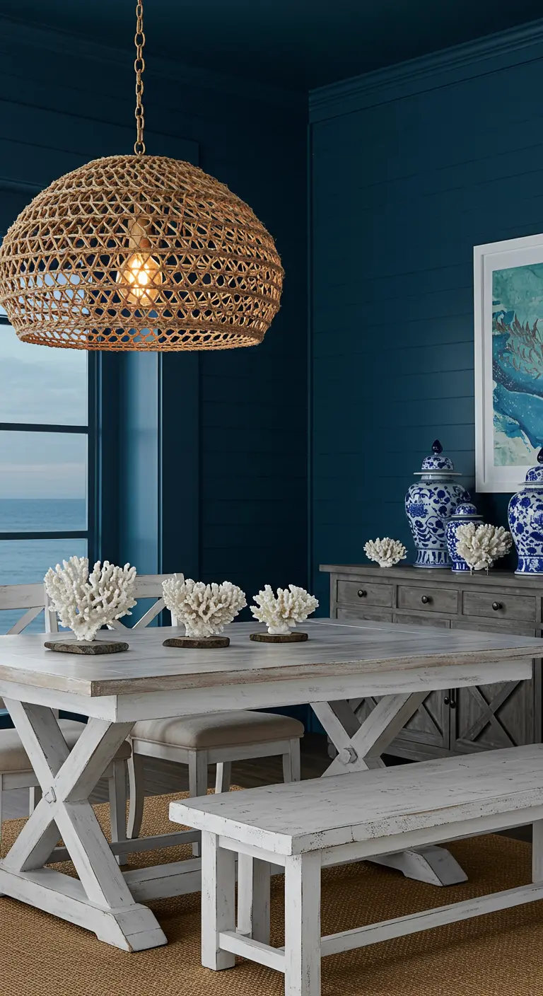 Eetkamer in kuststijl met donkerblauwe muren, een witte houten tafel en een geweven lamp.