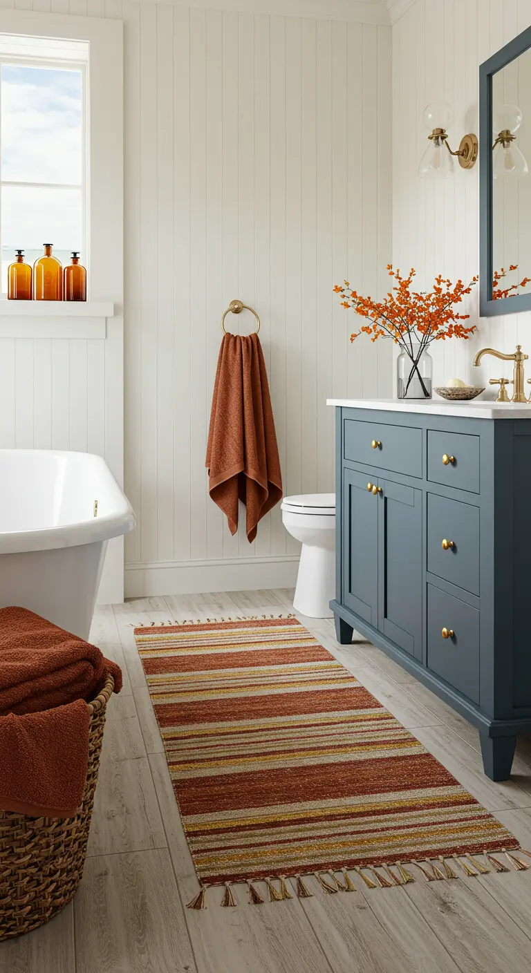 Lichte badkamer met witte lambrisering, een blauwgrijs meubel en roestoranje accenten.