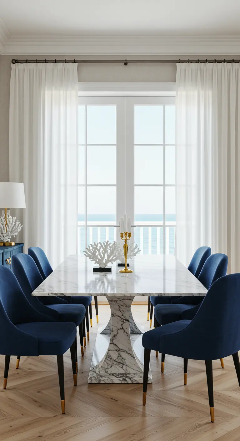 Eetkamer met zeezicht, een marmeren tafel met een sculpturale voet, diepblauwe fluwelen stoelen en witte, luchtige gordijnen.