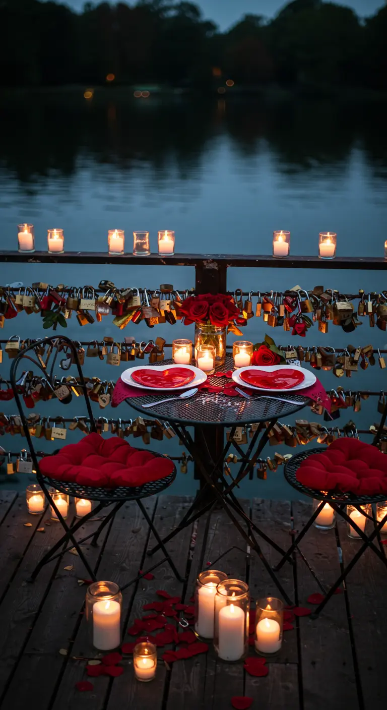 Romantische tafel voor twee aan het water, omringd door kaarsen en hangslotjes.