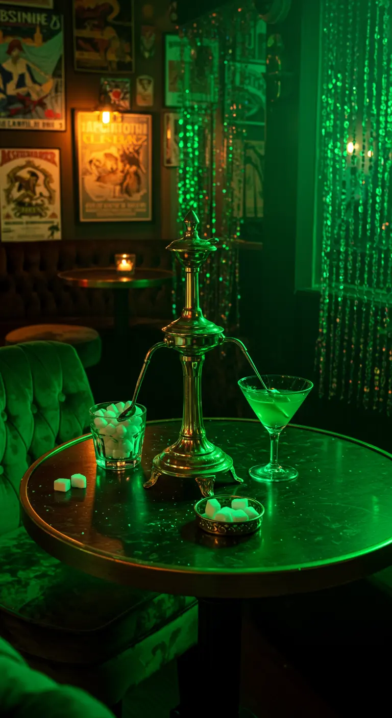Groen verlichte bar met een absintfontein, een cocktail en suikerklontjes.