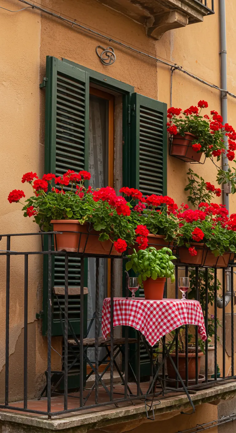 Italiaans balkon met rode geraniums, een bistroset en een rood-wit geruit tafelkleed.