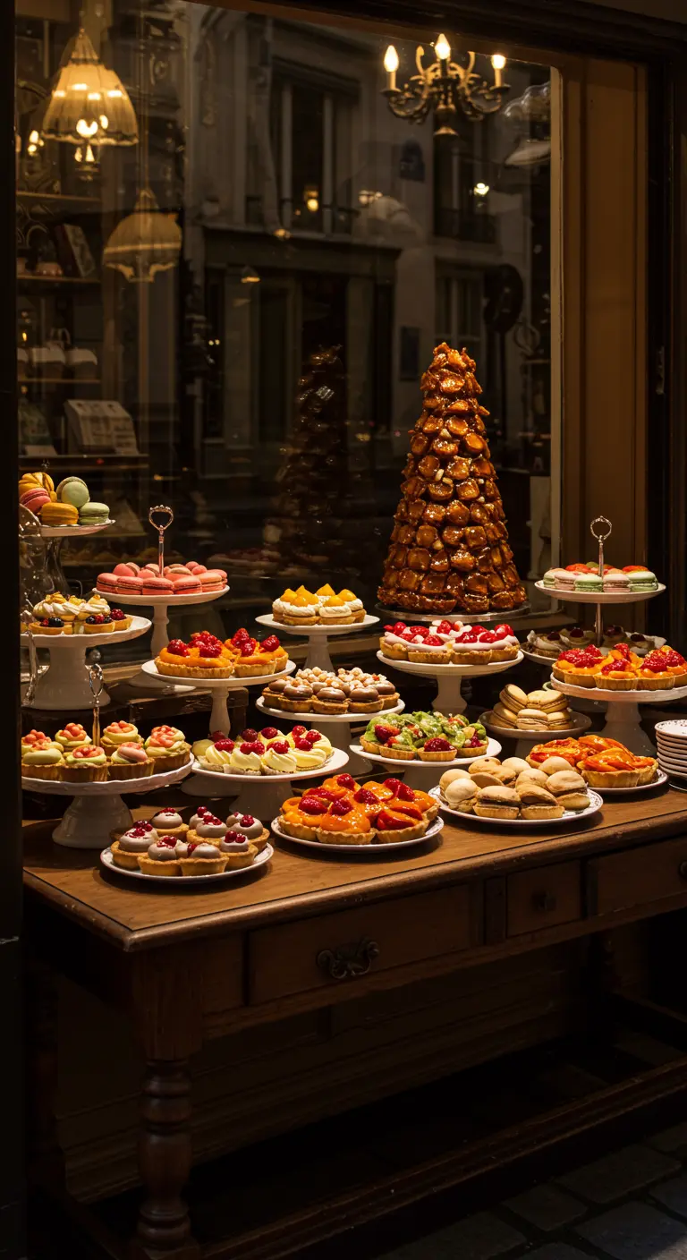 Een tafel vol Franse patisserie, zoals macarons, tartelettes en een croquembouche.