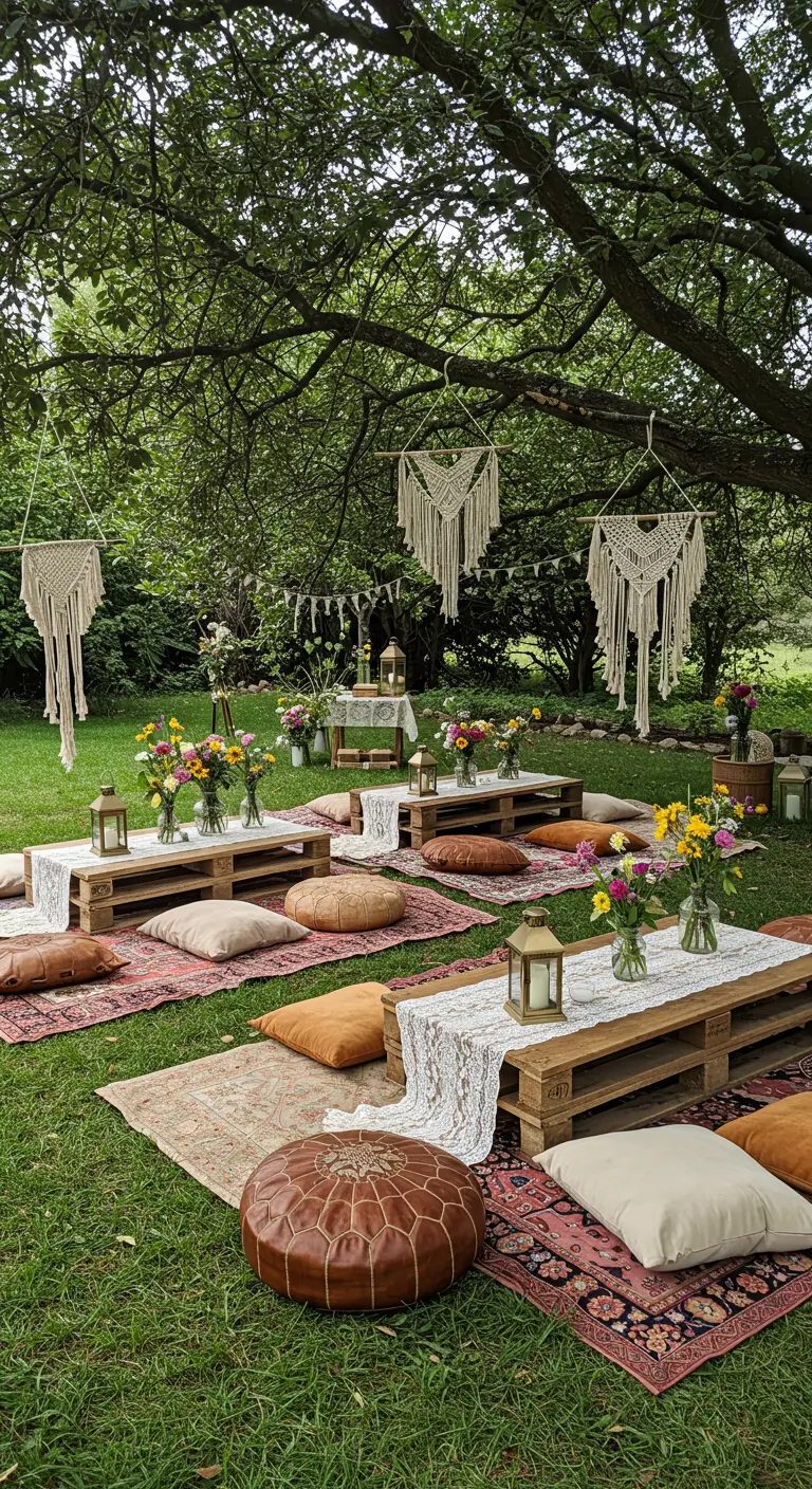 Bohemian tuinpicknick met lage tafels van pallets, kussens en macrame-hangers.