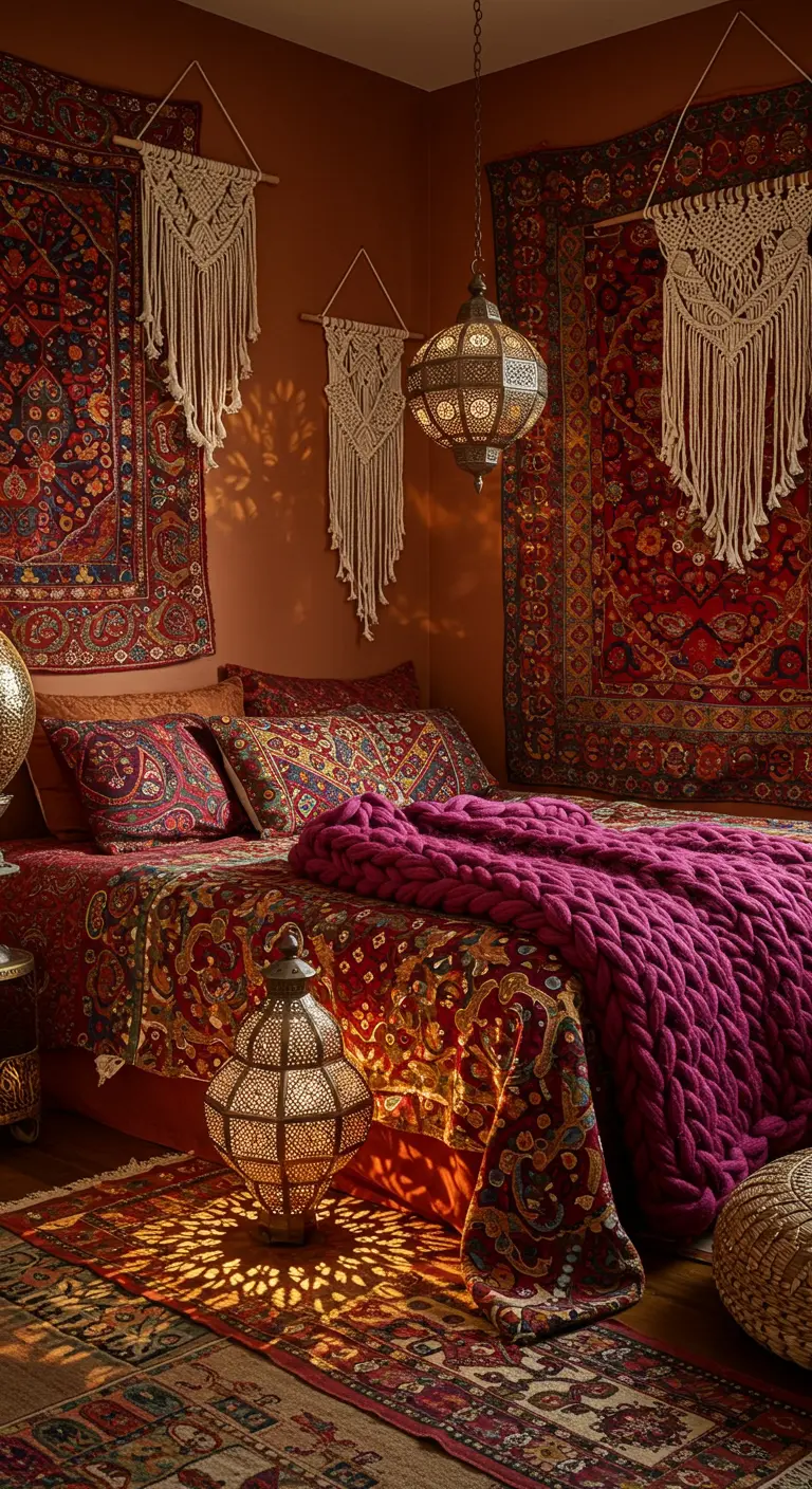 Bohemian slaapkamer met wandtapijten, macramé en een grof gebreid roze deken.