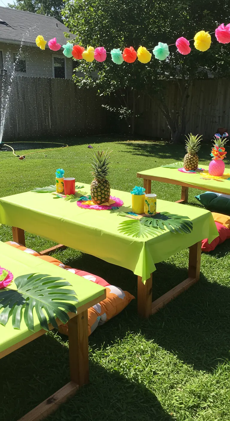 Kinderfeestje in de tuin met lage tafels, groene kleden en ananassen.