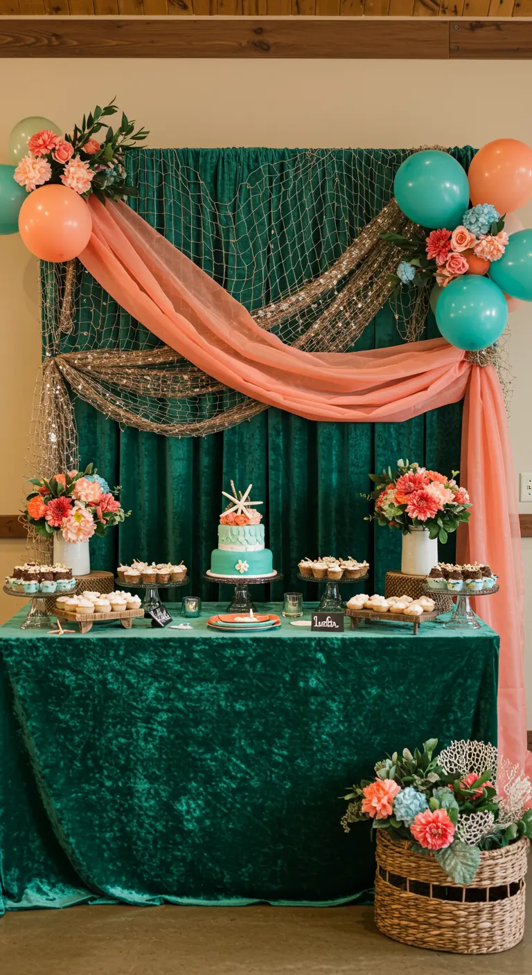 Desserttafel met een gelaagde achtergrond van donkergroen fluweel, een paillettennet en koraalrode stof.