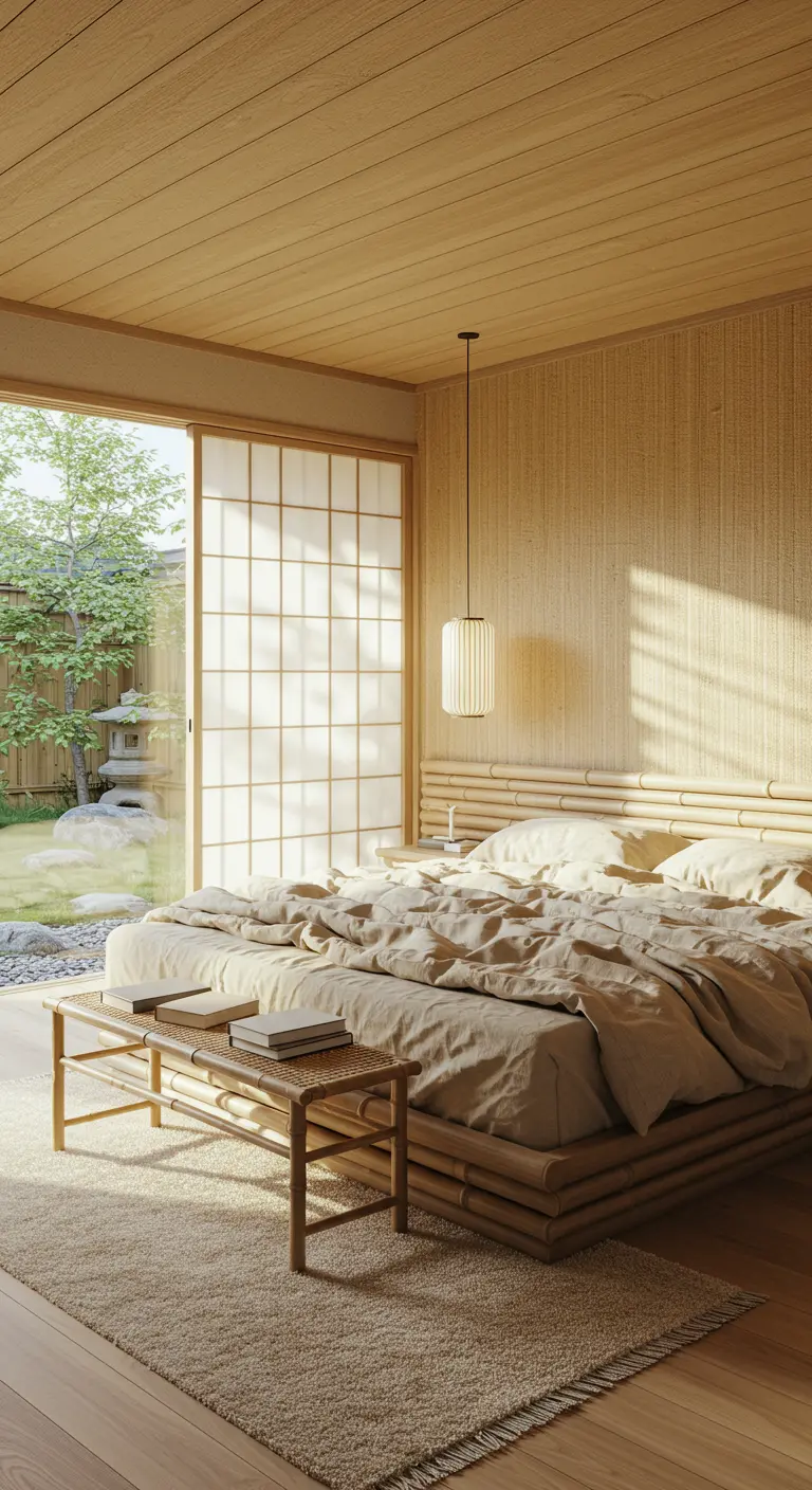 Slaapkamer in Japandi-stijl met bamboe bed, shoji-deuren en uitzicht op een zentuin.