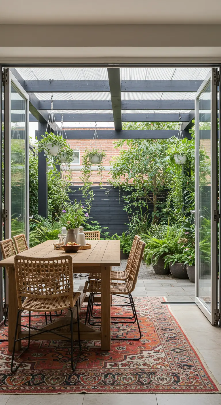 Eetkamer met open deuren naar een terras, waardoor binnen en buiten in elkaar overlopen.