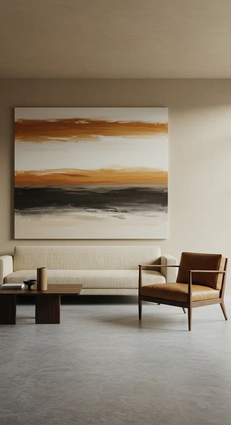 Minimalistische woonkamer met een groot abstract schilderij in aardetinten boven een lichte bank.