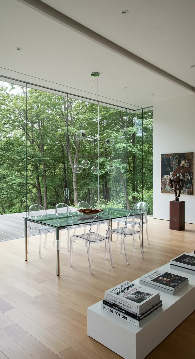 Moderne eetkamer met glazen wanden die uitkijken op een bos, met een glazen tafel en transparante stoelen.