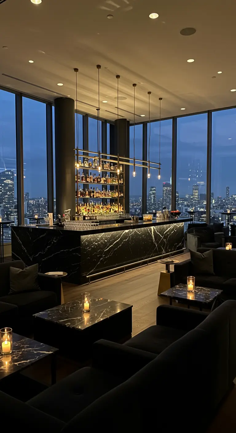 Luxe bar met zwart marmer en uitzicht op de stad bij schemering.