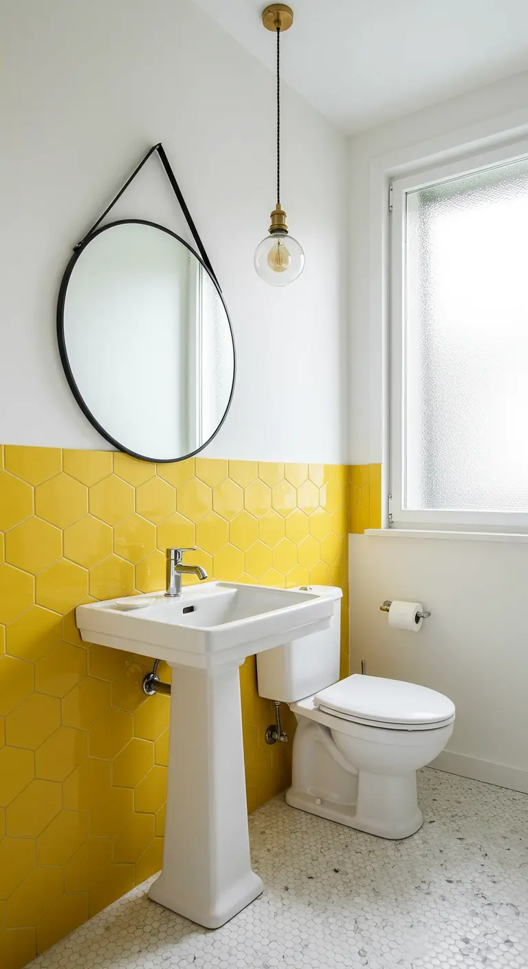 Toiletruimte met zonnegele hexagontegels en een helderwitte muur erboven.