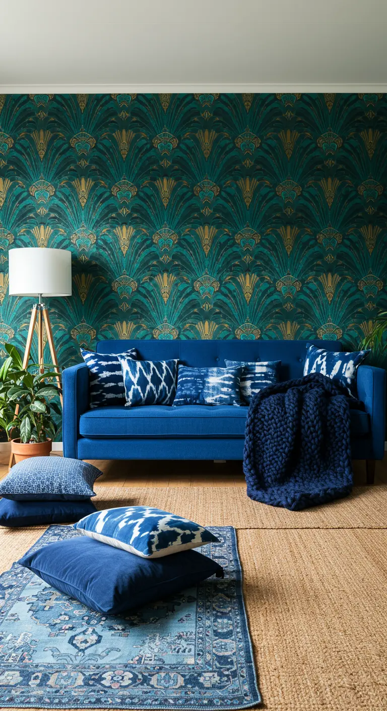Kobaltblauwe bank voor een muur met groen en goud art-deco behang.