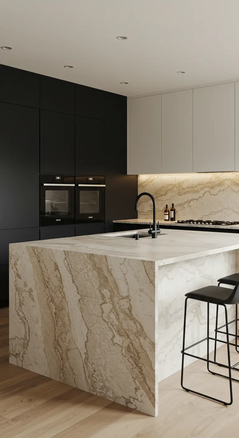 Moderne keuken met zwarte en witte kasten en een groot, doorlopend marmeren eiland.