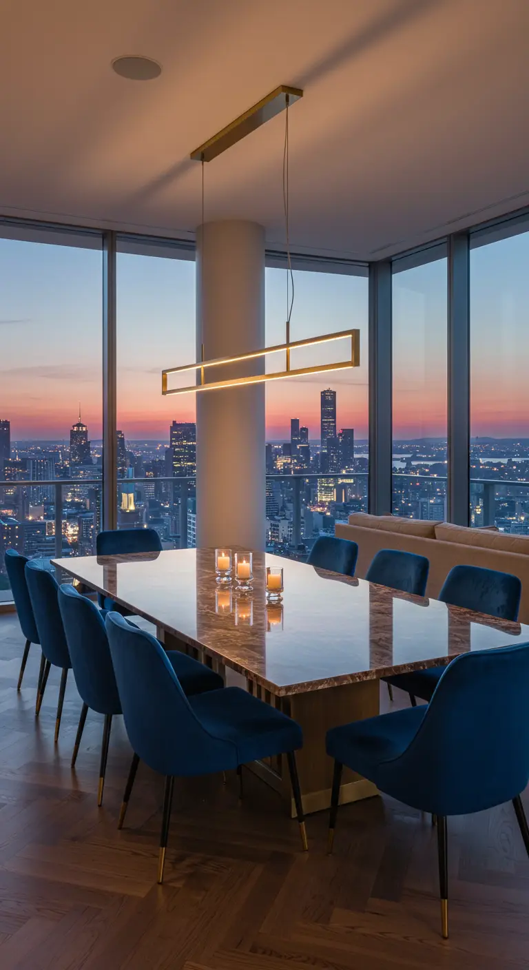 Moderne eetkamer in een penthouse met een marmeren tafel, donkerblauwe stoelen en een panoramisch uitzicht over de stad bij zonsondergang.