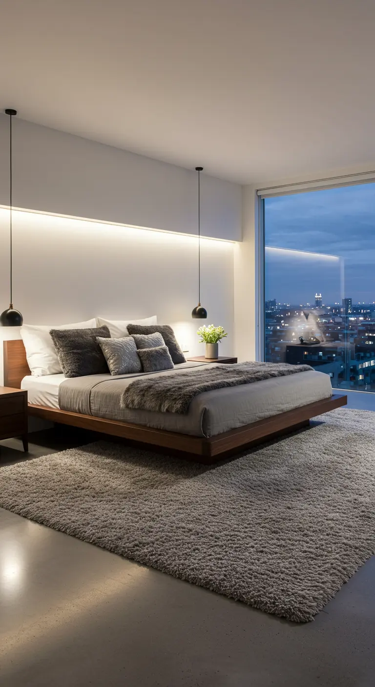Moderne slaapkamer met een zwevend bed, indirecte LED-verlichting en uitzicht over de stad.