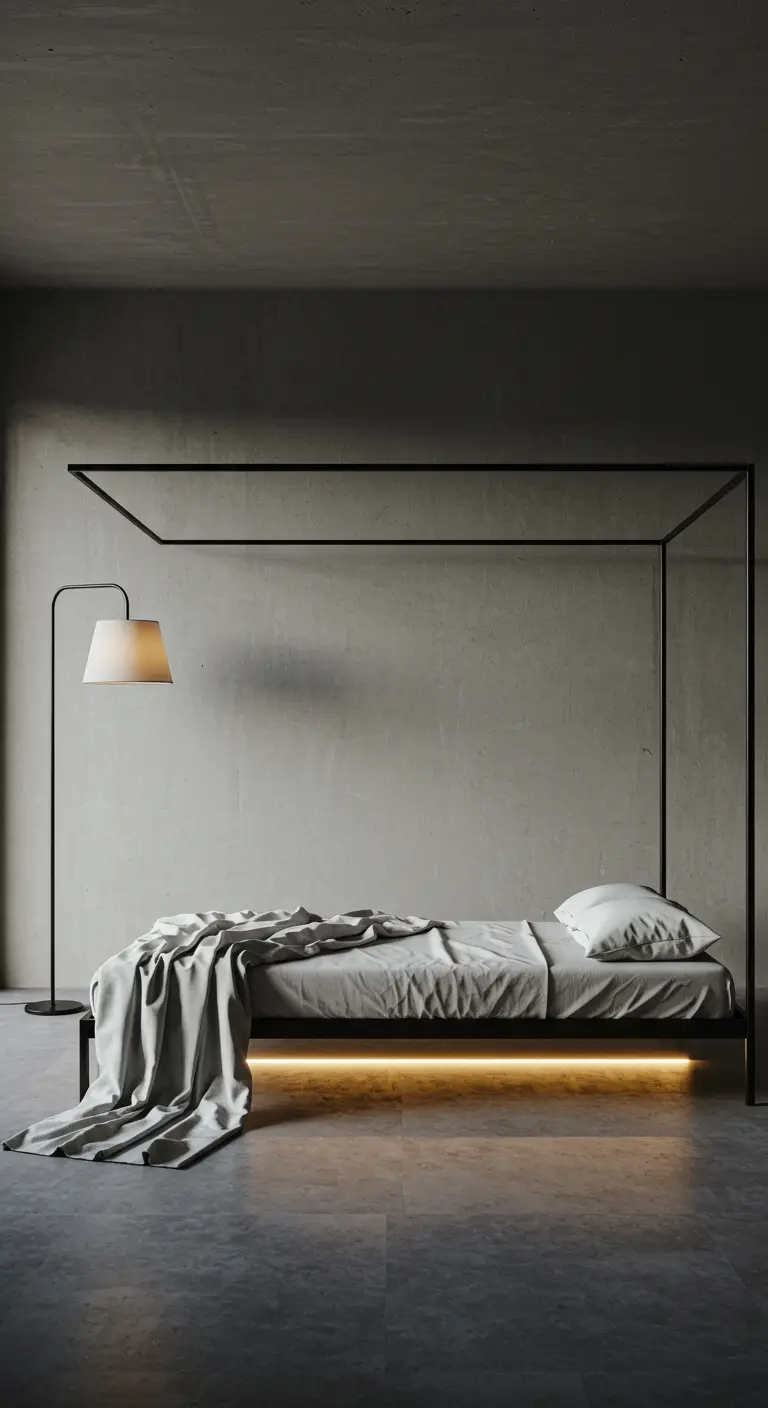Minimalistisch zwart hemelbed met een warme ledstrip eronder, in een betonnen kamer.