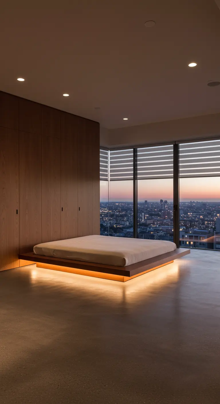 Modern zwevend bed met LED-verlichting eronder in een minimalistische kamer met uitzicht op een stad bij zonsondergang.