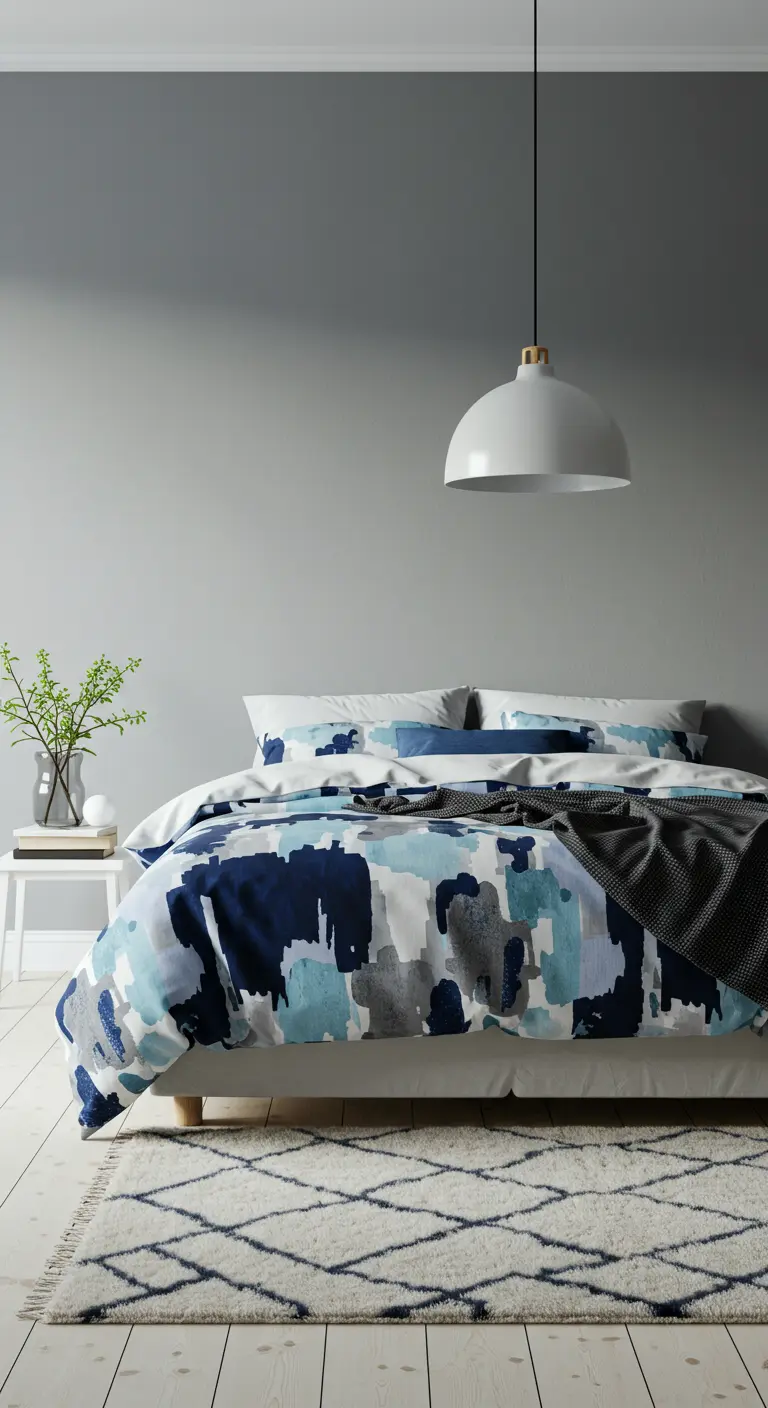 Slaapkamer met een grijsblauwe muur en een bed met een abstract, kleurrijk dekbedovertrek.
