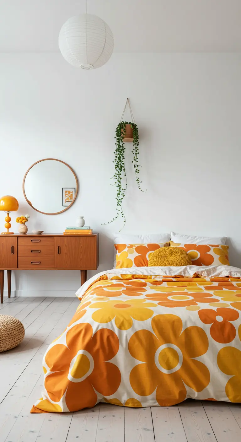 Witte slaapkamer met een kleurrijk dekbedovertrek met retro bloemenprint.