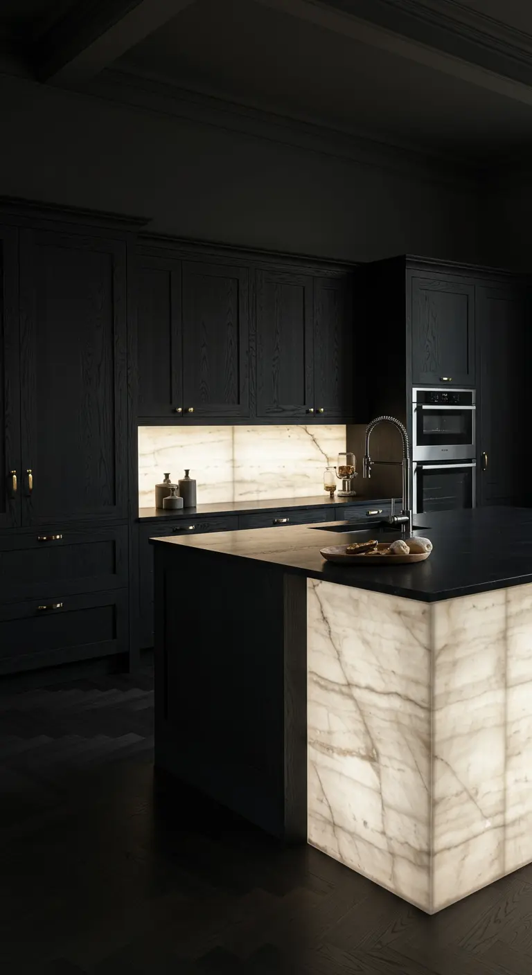 Luxe zwarte keuken met een spectaculair verlicht kookeiland van onyx.