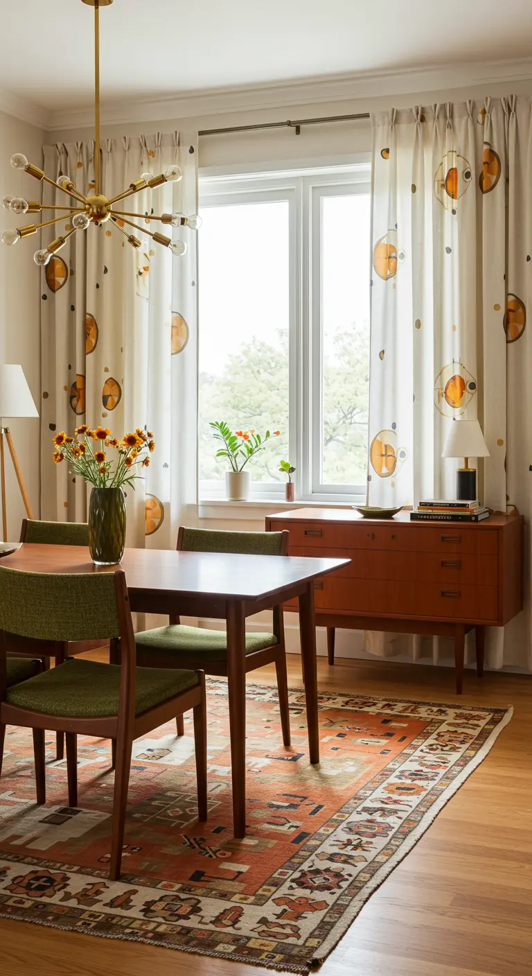 Mid-century eetkamer met gordijnen met een grafische print in oranje en wit, en groene stoelen.