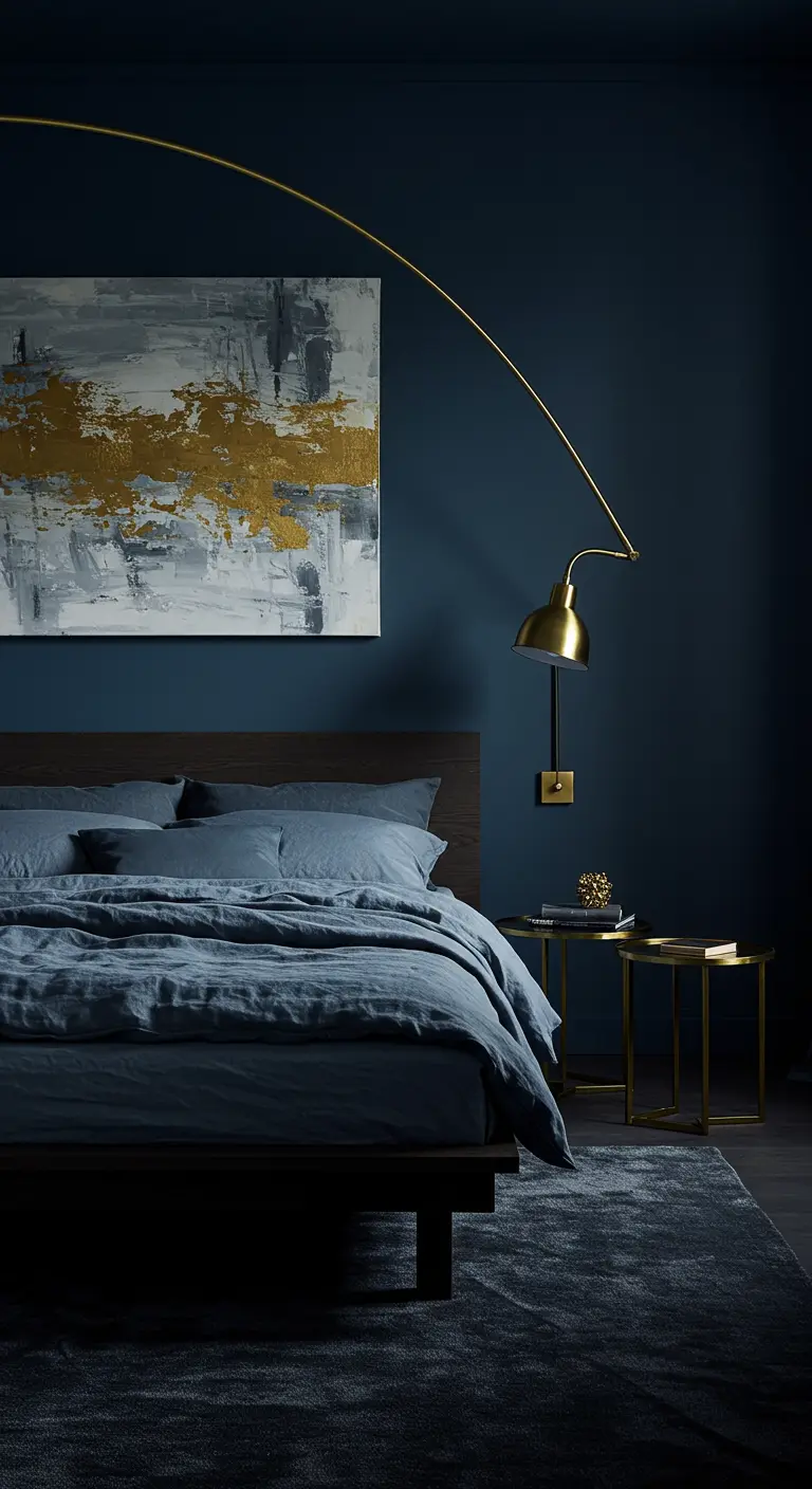 Minimalistische nachtblauwe slaapkamer met een grote, gebogen messing wandlamp boven het bed.