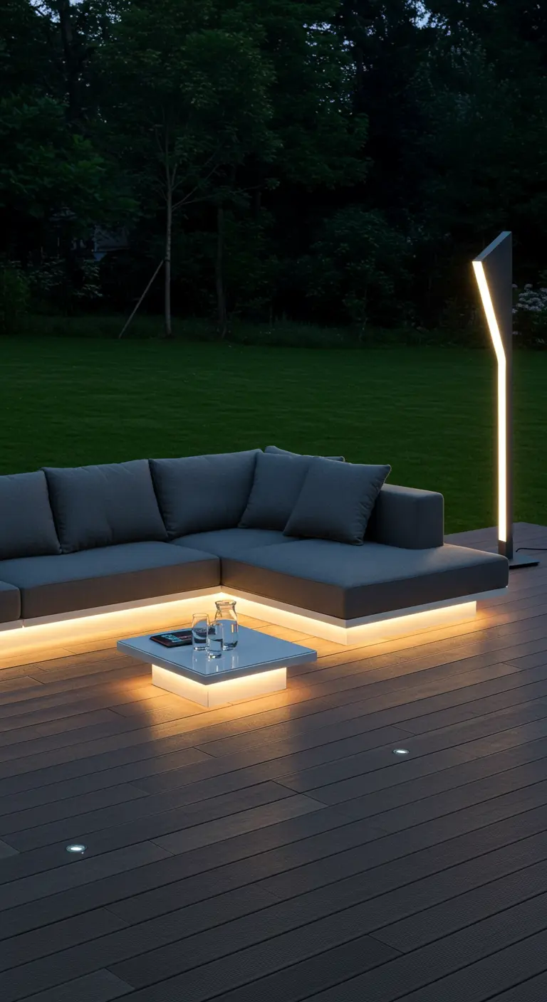 Moderne grijze loungebank op een donker terras, met een oplichtende salontafel en staande designlamp.
