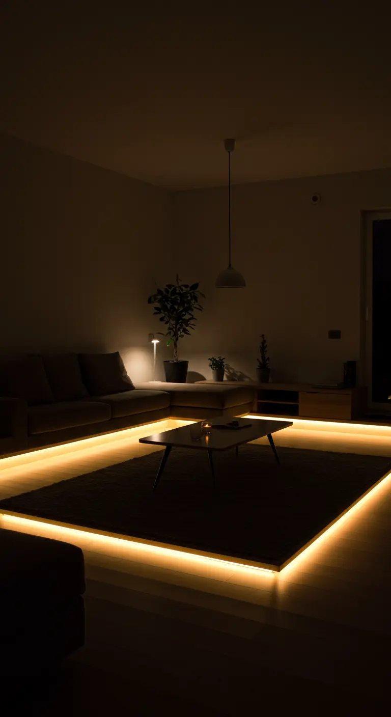 Donkere woonkamer waar LED-strips onder de bank en het vloerkleed de meubels doen zweven.