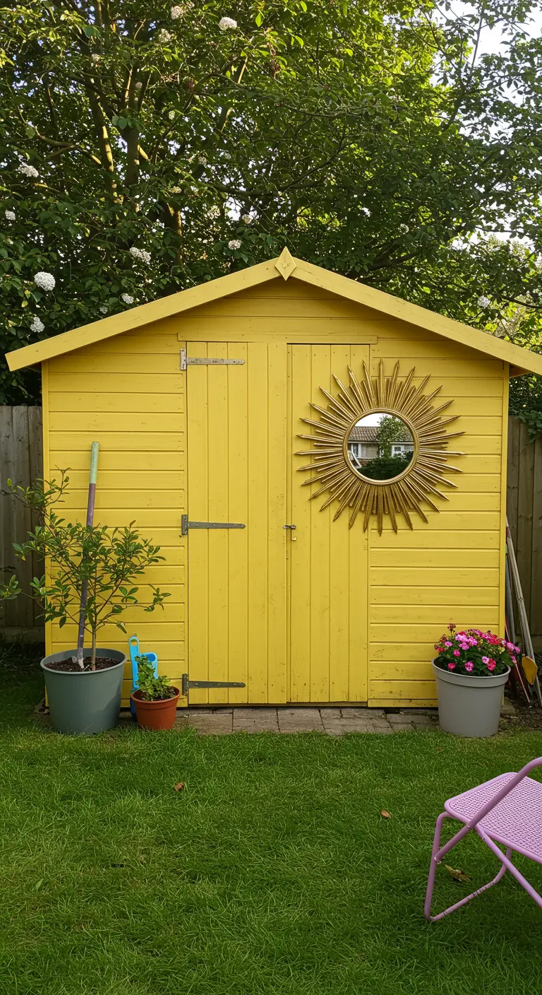 Geel tuinhuisje met een goudkleurige zonnespiegel op de deur.