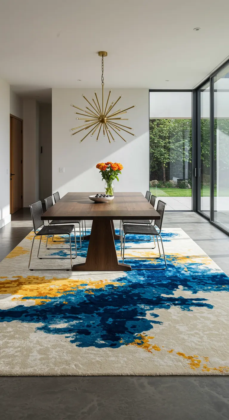 Moderne eetkamer met een groot abstract tapijt in blauw, geel en wit.