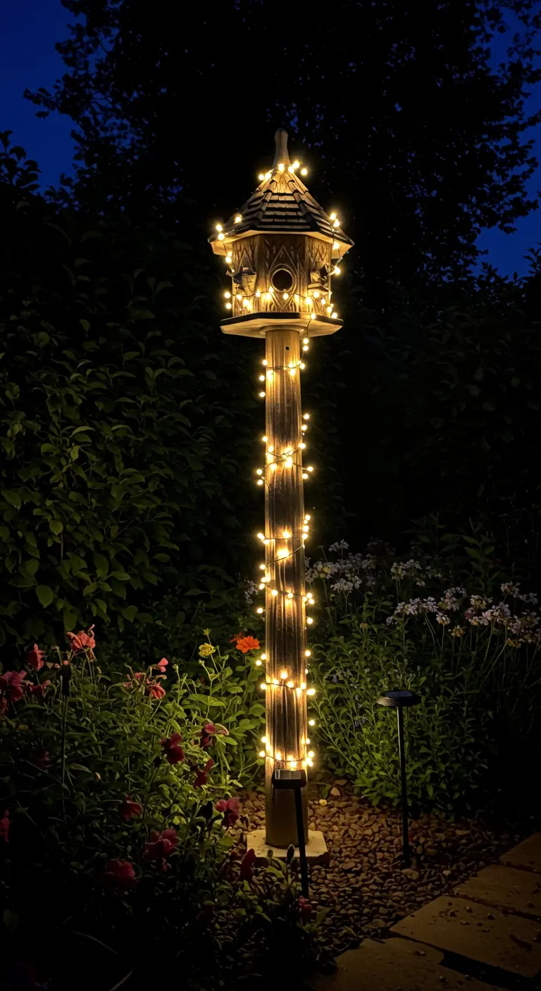 Houten vogelhuisje op een paal, 's nachts verlicht met een lichtslinger.
