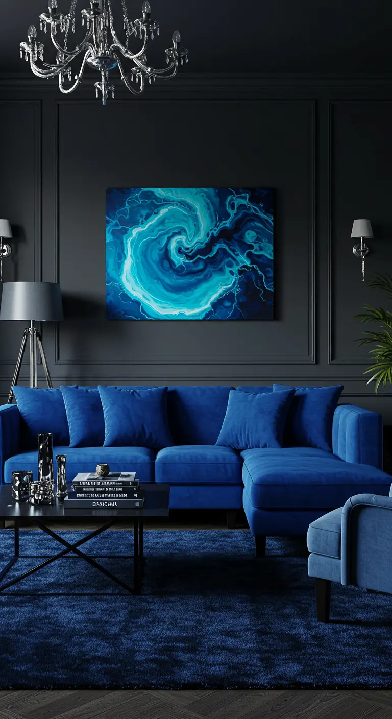Donkerblauwe kamer met een felblauw abstract schilderij dat oplicht aan de muur.