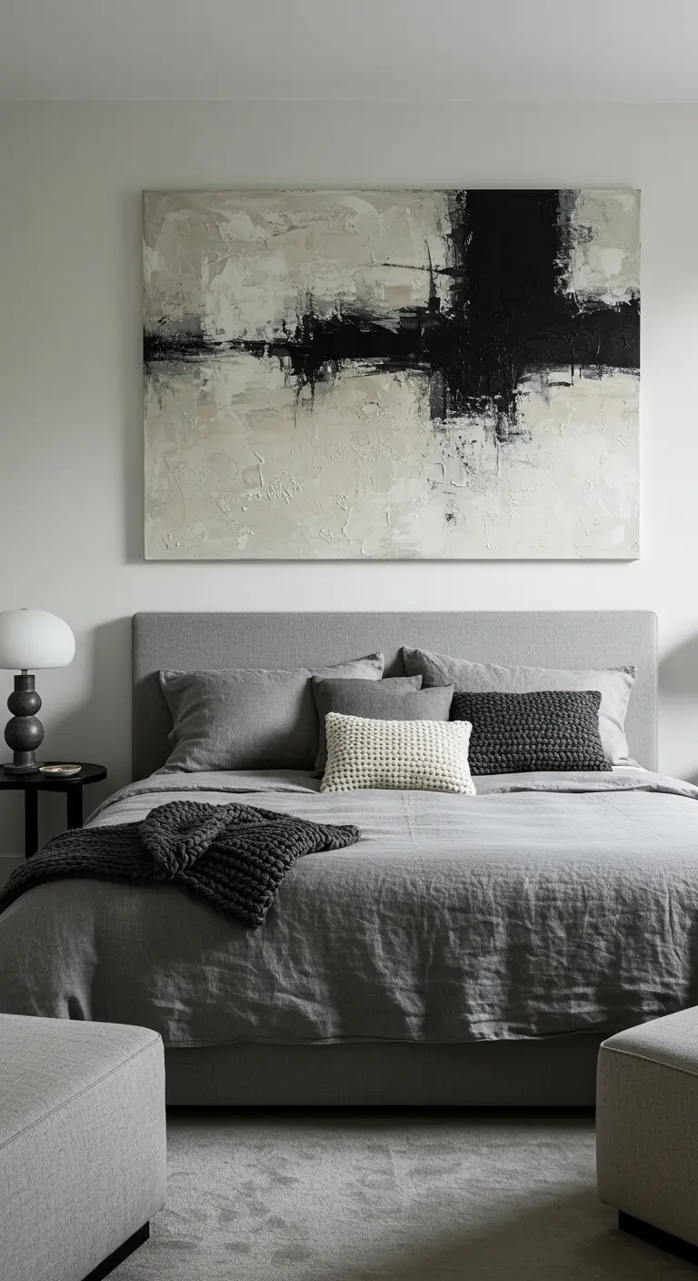 Grijze, monochrome slaapkamer met een groot abstract schilderij boven het bed als blikvanger.