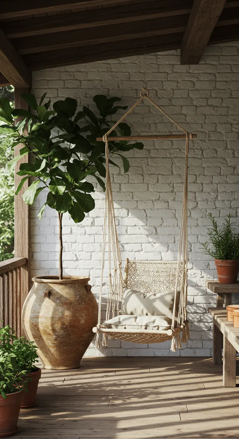 Macramé hangstoel op een veranda met een witte bakstenen muur en een grote vioolbladplant in een pot.