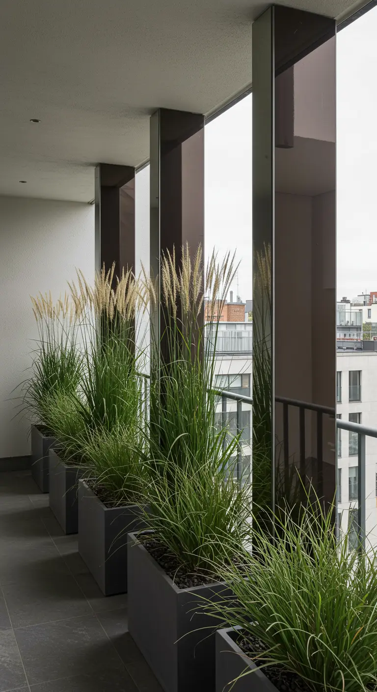 Steunpilaren op een modern balkon bekleed met spiegelpanelen.
