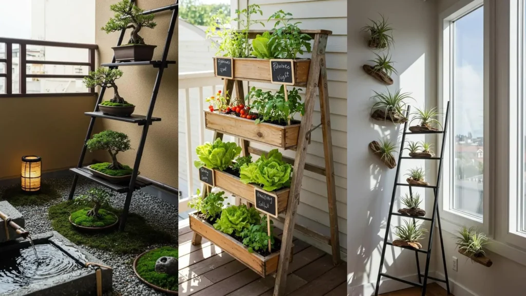 Oude trappen omgetoverd tot unieke plantenrekken met bonsai, sla en kruiden.