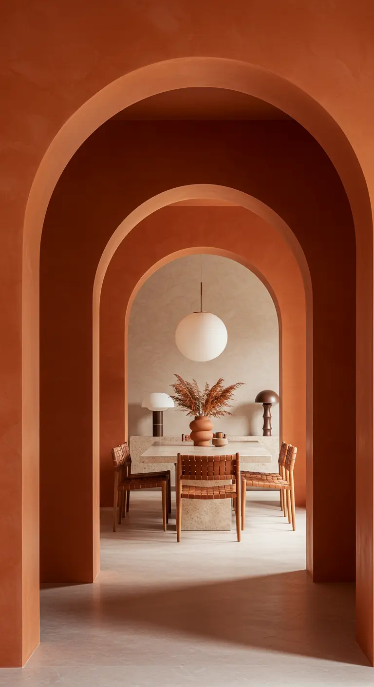 Eetkamer gezien door een serie van terracotta-kleurige bogen.