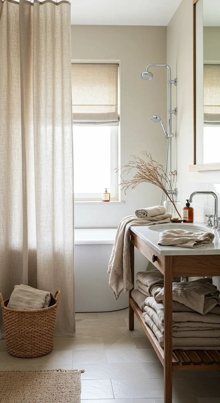 Badkamer met een stapel linnen handdoeken op een houten meubel en een linnen douchegordijn.