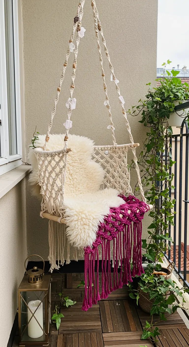 Macramé hangstoel met schapenvacht en een fuchsia gehaakte rand op een balkon.