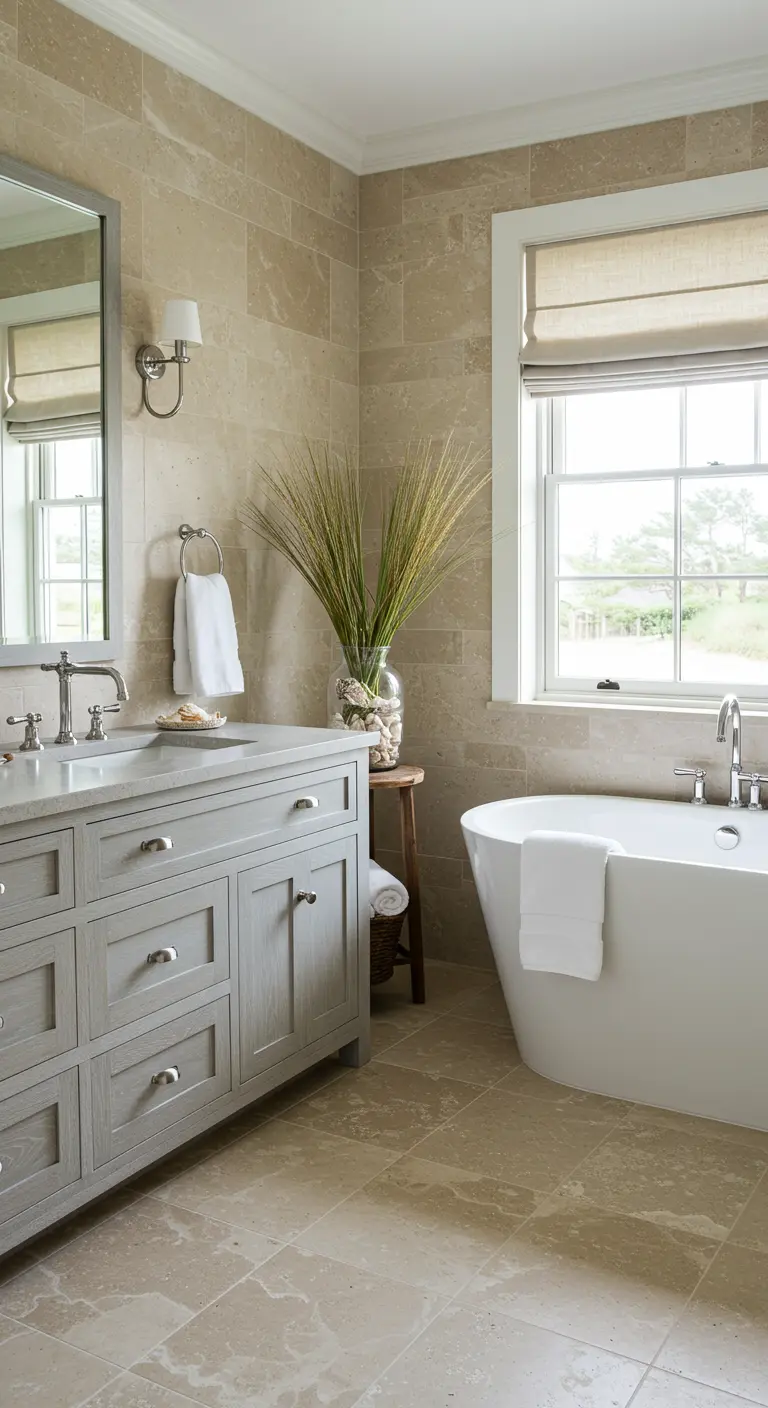 Klassieke badkamer met beige stenen tegels, een grijs meubel en een linnen vouwgordijn voor het raam.