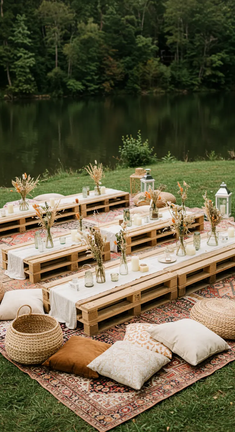 Bohemian picknick-setting met lage tafels op pallets, kleden en droogbloemen in flesjes.