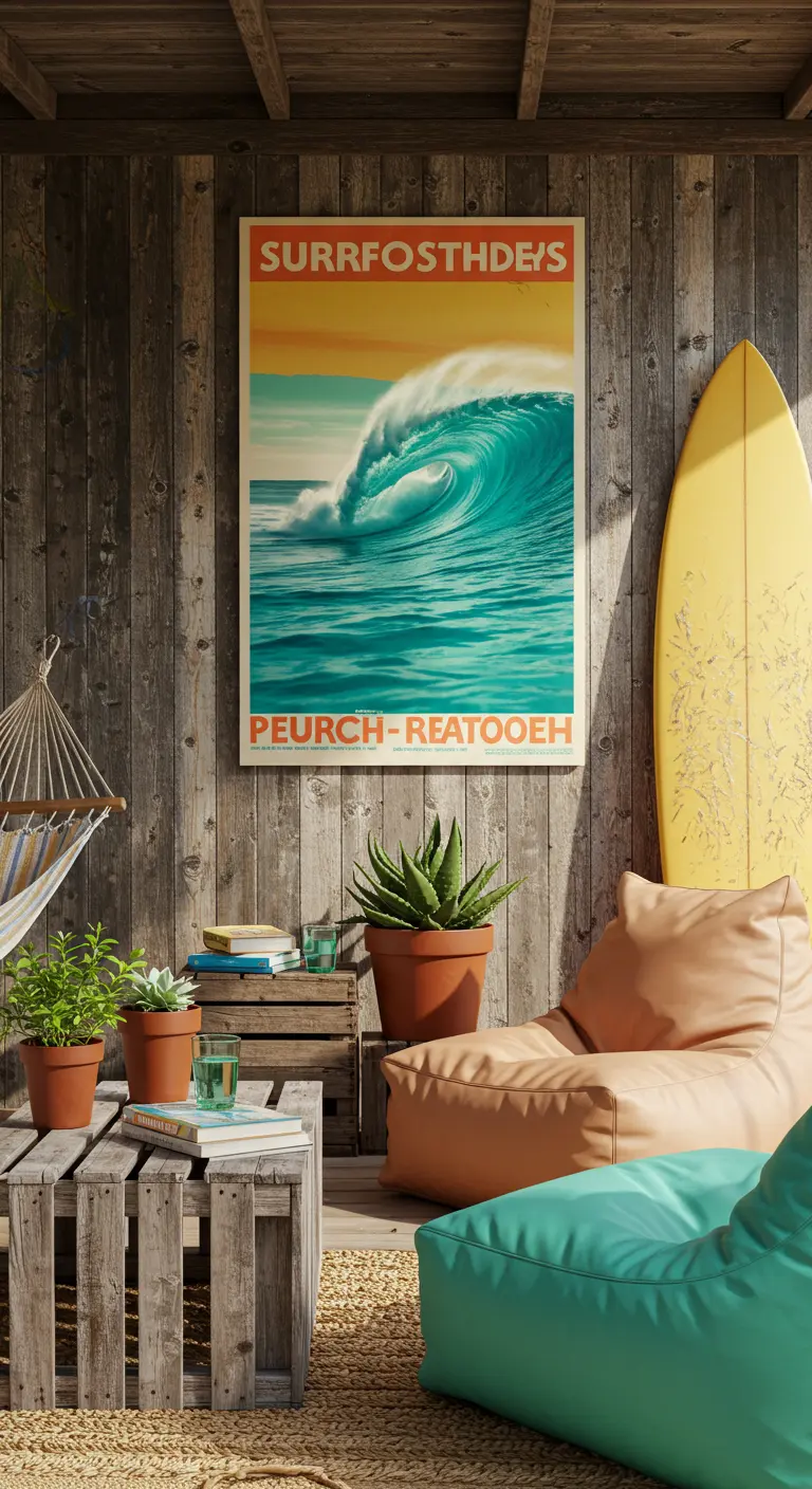 Houten terras in surfsfeer met zitzakken, hangmat en een retro surfposter.