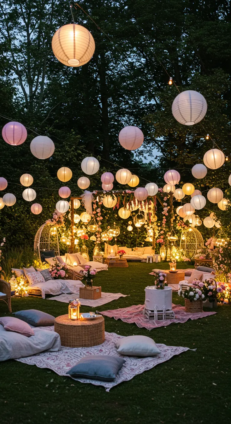 Tuin vol lampionnen en lichtjes, met lage zitjes en bloemendecoratie.