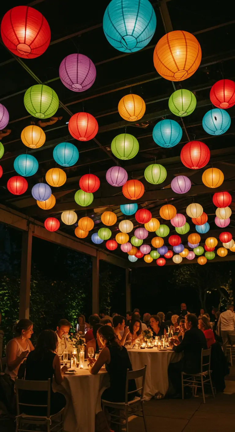 Plafond vol gekleurde papieren lampionnen boven een eettafel in de avond.