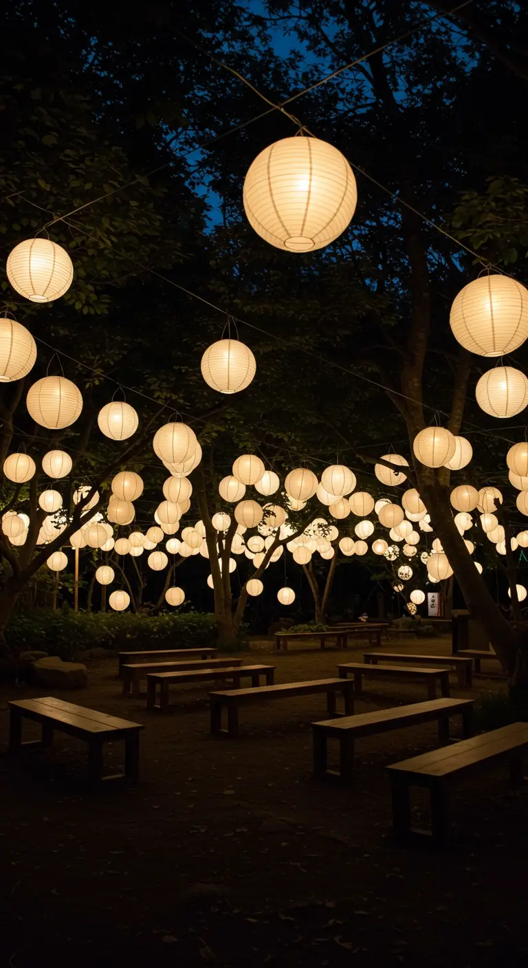 Tuin 's nachts verlicht door tientallen hangende witte papieren lampionnen.